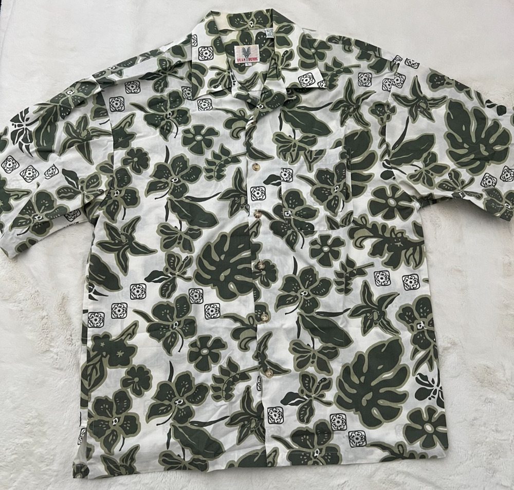 Brian Brothers Mens Large Hawaiian Shirt Green Tropical Floral Button Up Aloha